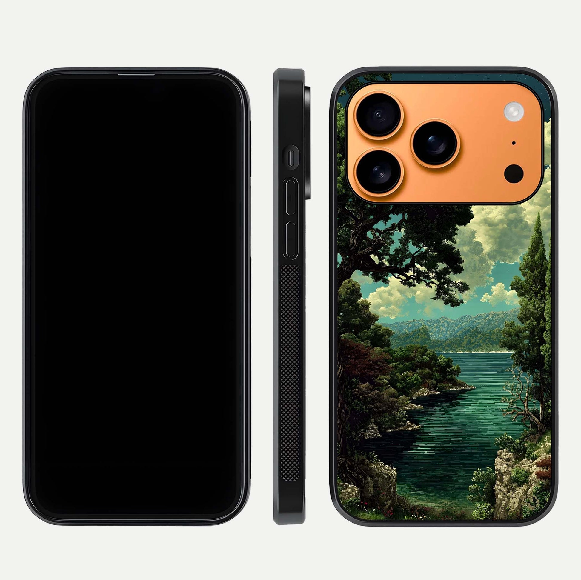 Celestial Lake Peace Glass Case for iPhone 17 Pro Max dual-view layout showing soft hues and HD shine