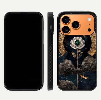 Celestial Lotus Morang Glass Case for iPhone 17 Pro Max dual-view layout displaying floral symmetry and polished edges