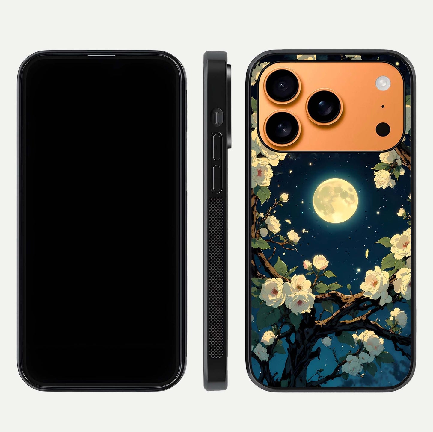 Celestial Moon & Flower Glass Case for iPhone 17 Pro Max dual-view layout showing balanced lunar art and gloss tone
