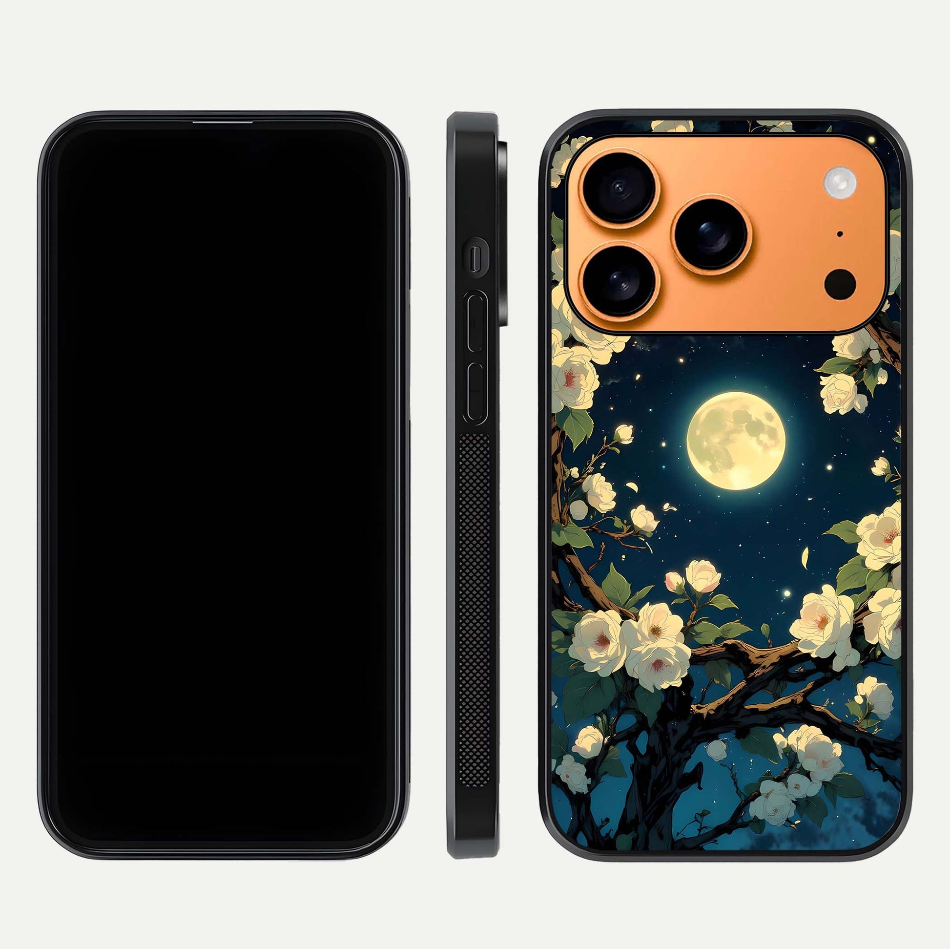 Celestial Moon & Flower Glass Case for iPhone 17 Pro Max dual-view layout showing balanced lunar art and gloss tone
