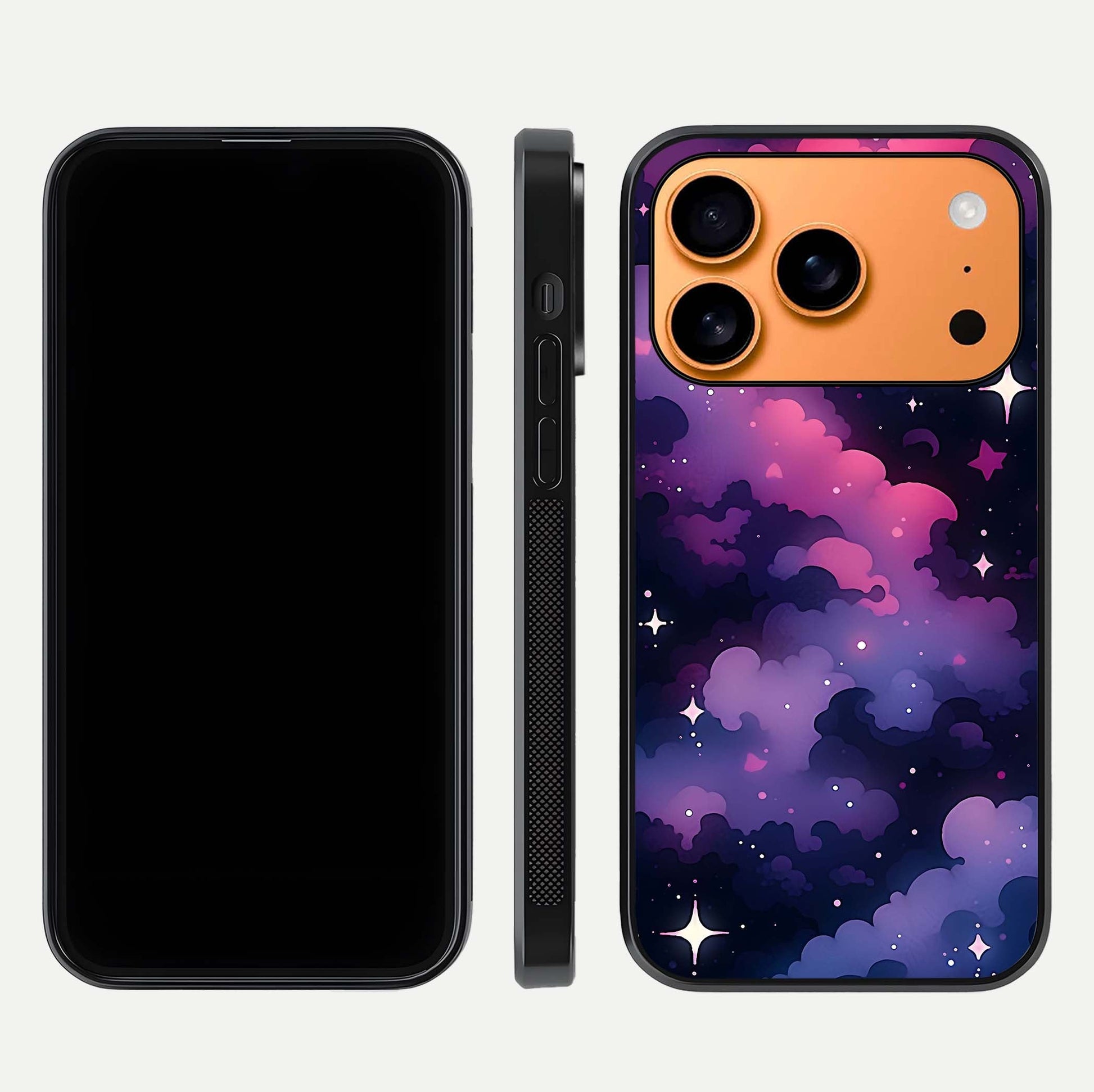 Celestial Moon Magic Glass Case for iPhone 17 Pro Max dual-view layout displaying lunar design and sleek edges