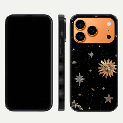 Celestial Moon With Stars Glass Case for iPhone 17 Pro Max front-and-back layout displaying lunar art and premium finish