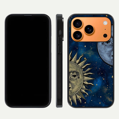 Celestial Moon With Sun Glass Case for iPhone 17 Pro Max dual-view layout showing luminous pattern and curved edges