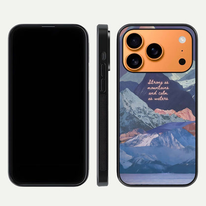 Celestial Mountain Calm Glass Case for iPhone 17 Pro Max dual-view layout displaying scenic tones and curved finish