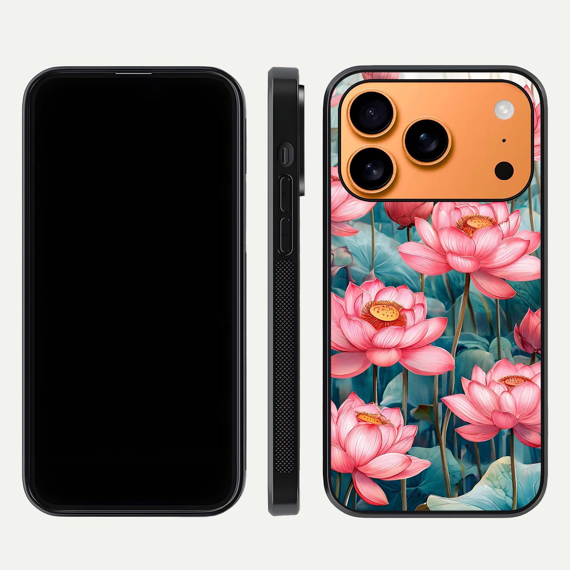 Celestial Pink Lotus Glass Case for iPhone 17 Pro Max dual-view layout showing floral center and smooth edges
