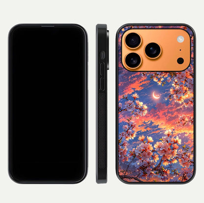 Celestial Sakura Sunset Glass Case for iPhone 17 Pro Max dual-view layout showing floral gradient and reflection polish
