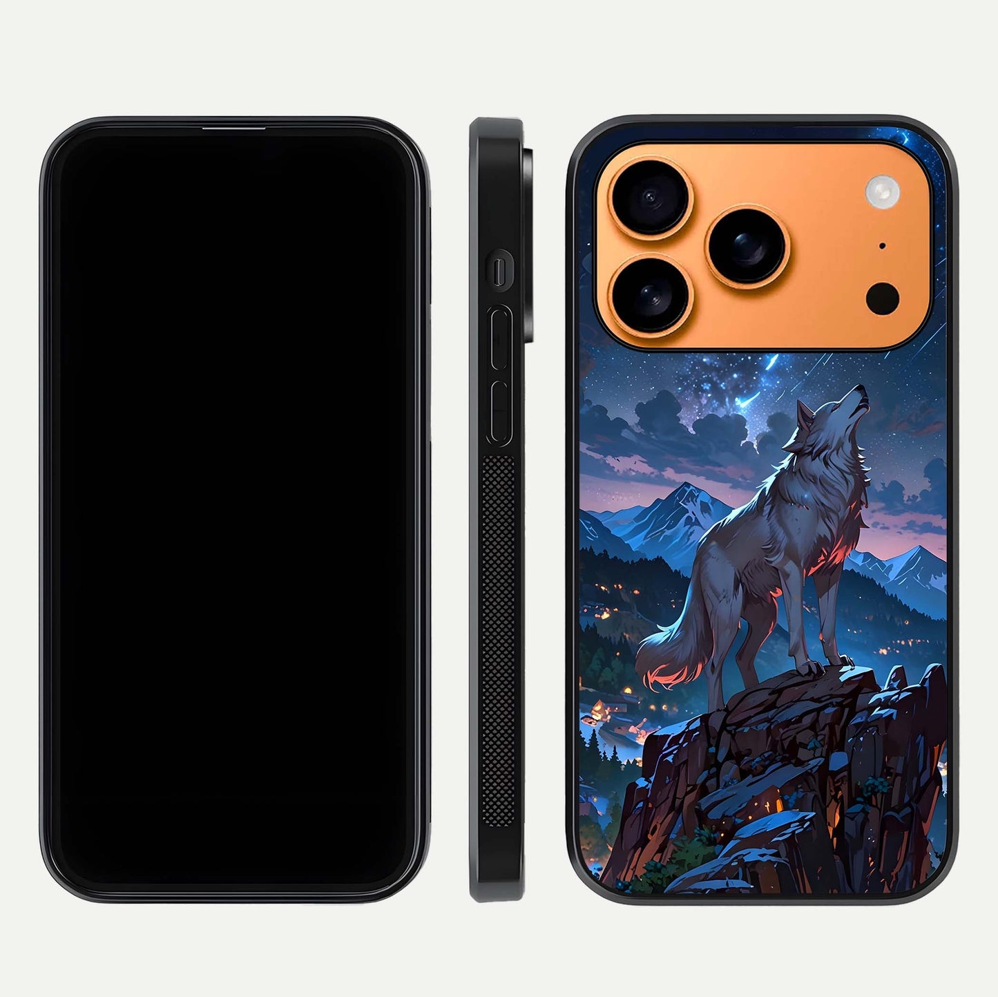 Celestial Wolf Howl Glass Case for iPhone 17 Pro Max dual-view layout displaying night tones and protective glass edges