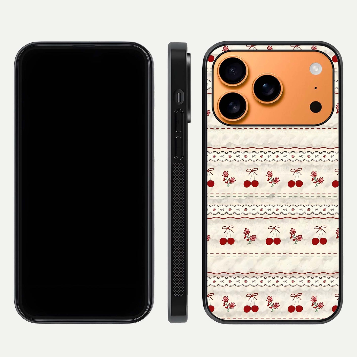 Cherry Bloom Charm Glass Case for iPhone 17 Pro Max front-and-back layout displaying floral art and smooth finish