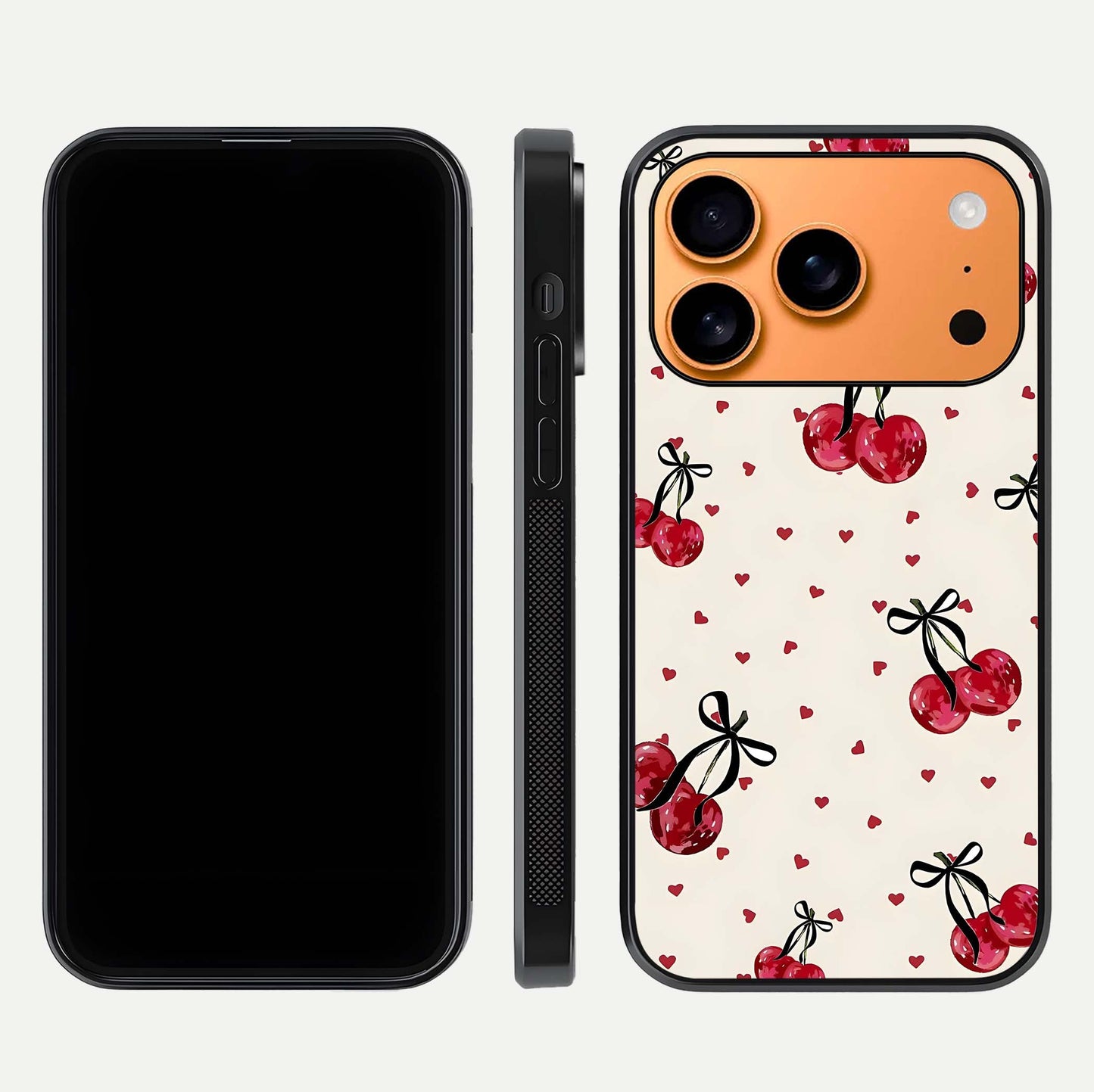 Cherry Heart Bow Glass Case for iPhone 17 Pro Max front-and-back view showing design clarity and edge protection