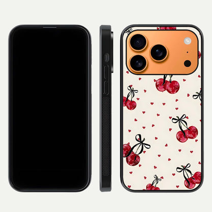 Cherry Heart Bow Glass Case for iPhone 17 Pro Max front-and-back view showing design clarity and edge protection