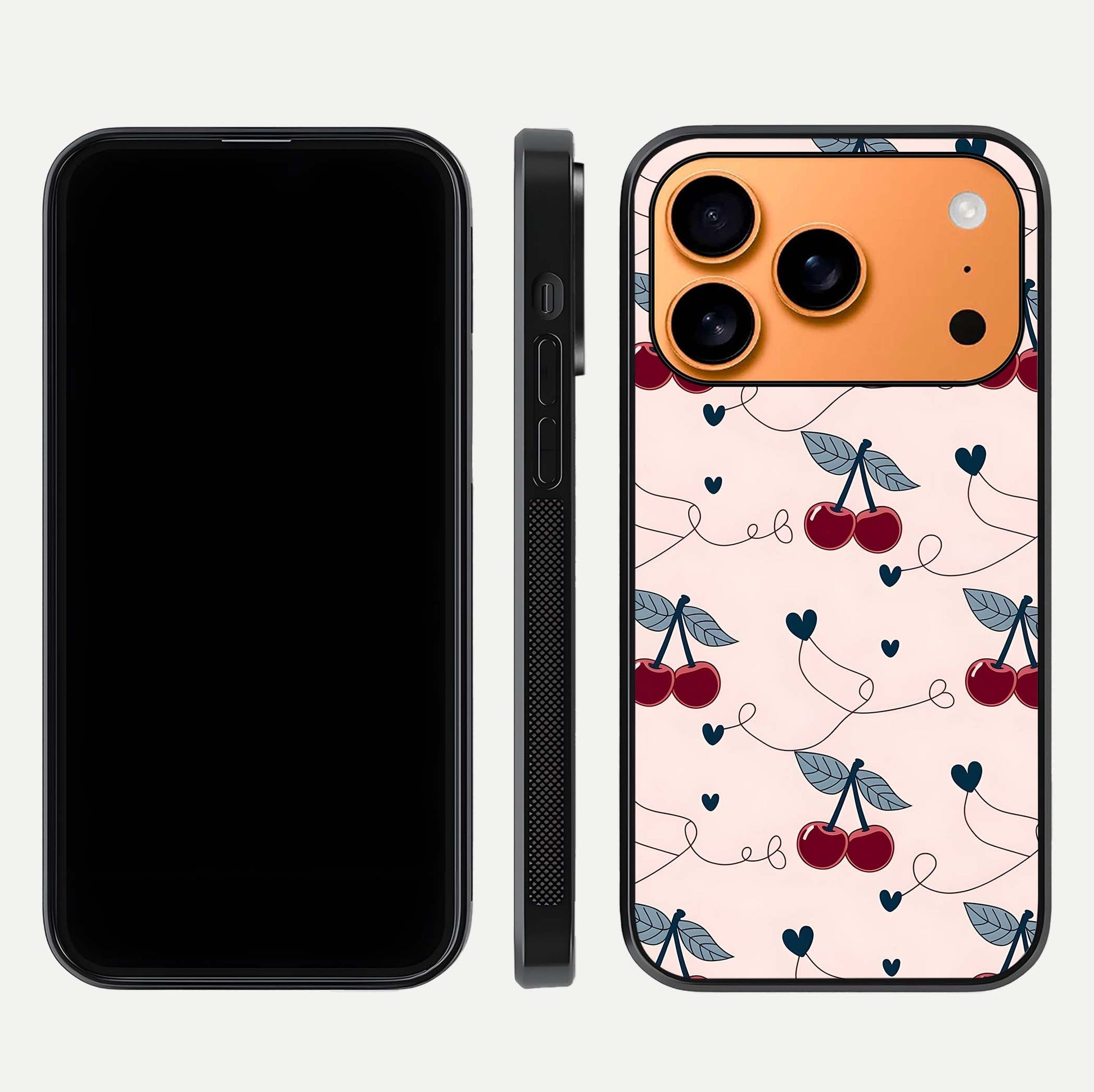 Cherry Heart Line Glass Case for iPhone 17 Pro Max dual-view layout displaying minimal cherry motif and edge design