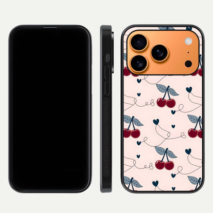 Cherry Heart Line Glass Case for iPhone 17 Pro Max dual-view layout displaying minimal cherry motif and edge design