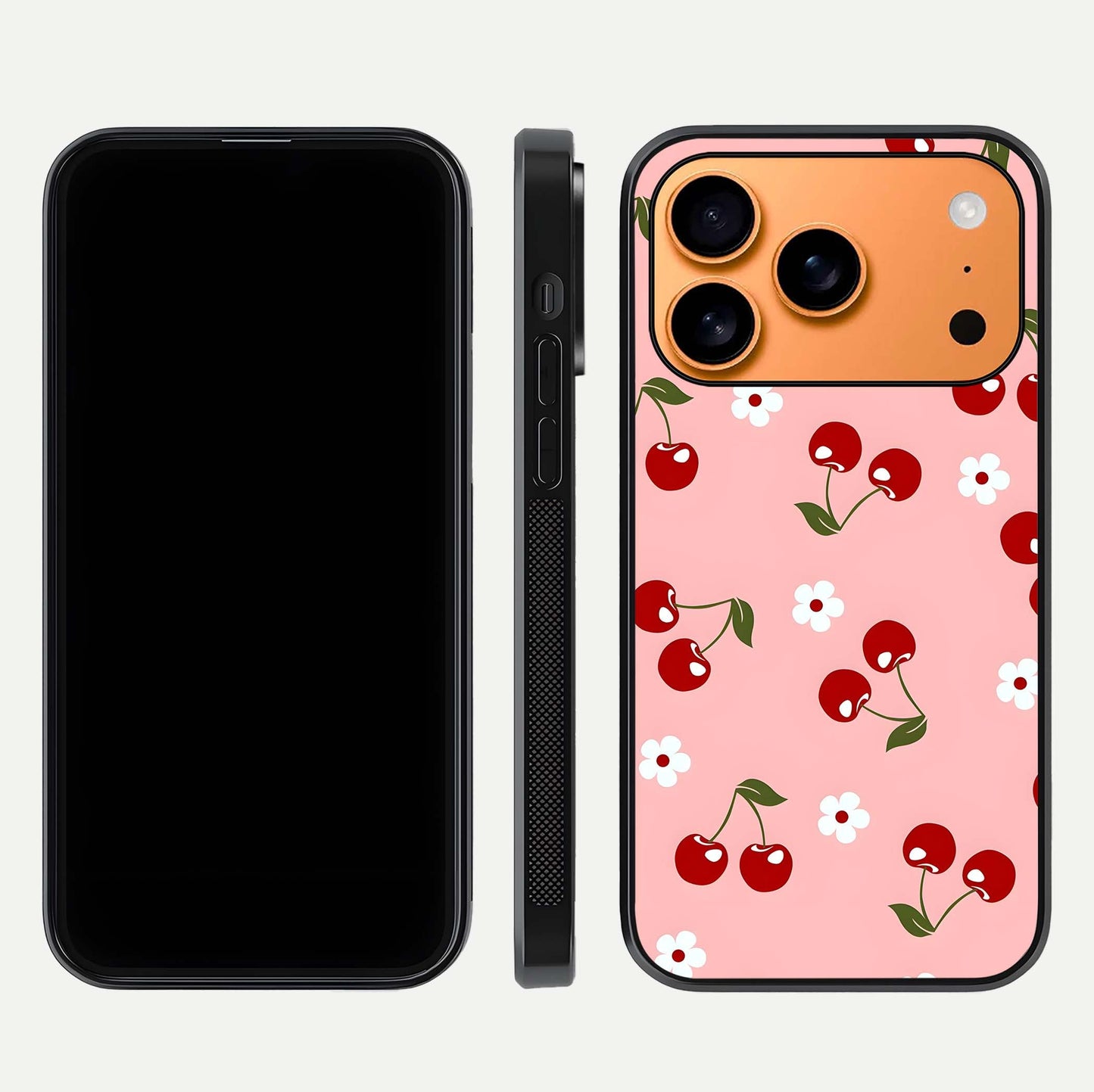 Cherry Love Mood Glass Case for iPhone 17 Pro Max dual-view layout showing design alignment and curved edges