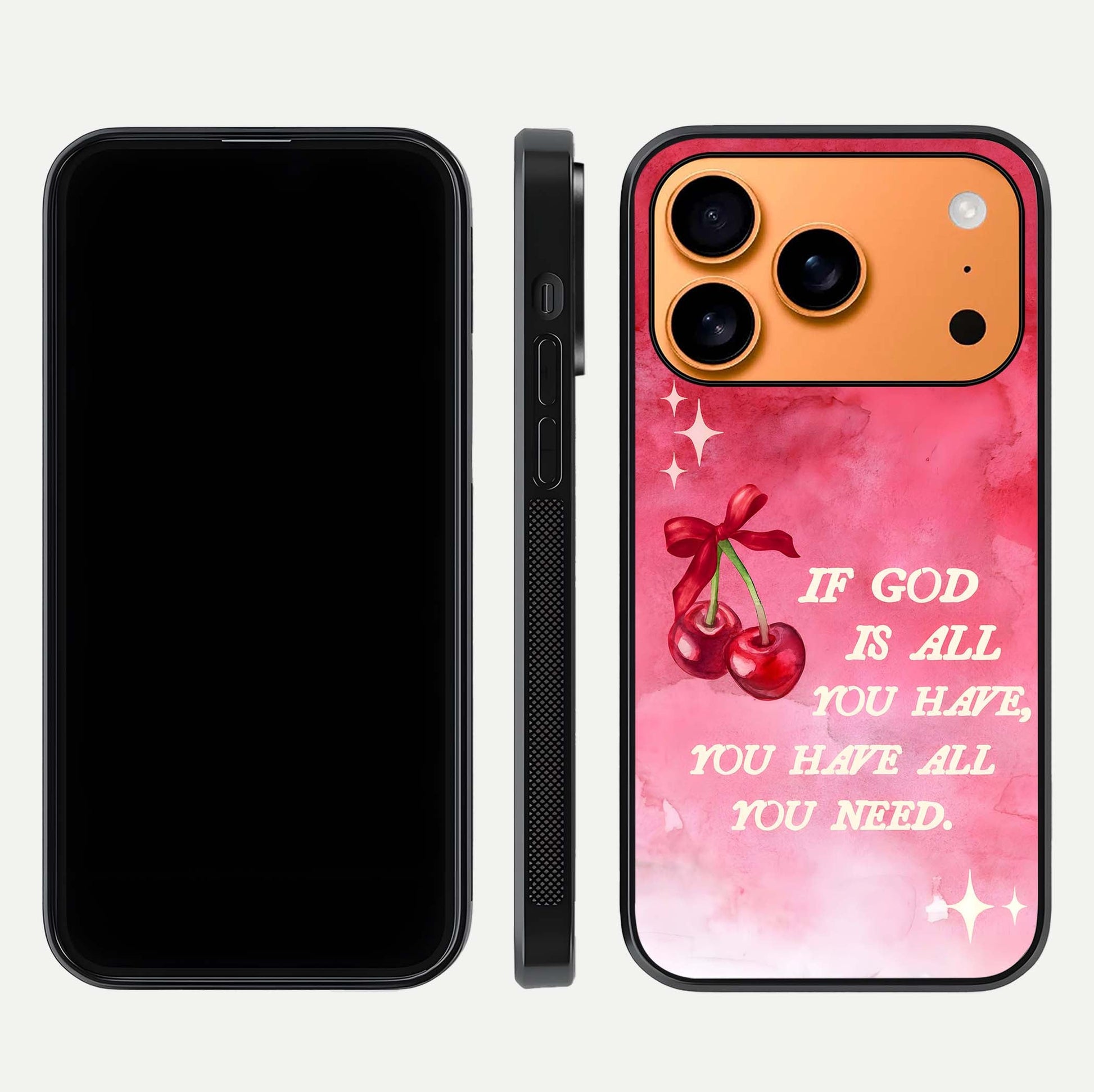 Cherry Quote Glass Case for iPhone 17 Pro Max dual-view layout showing red cherry tones and text balance