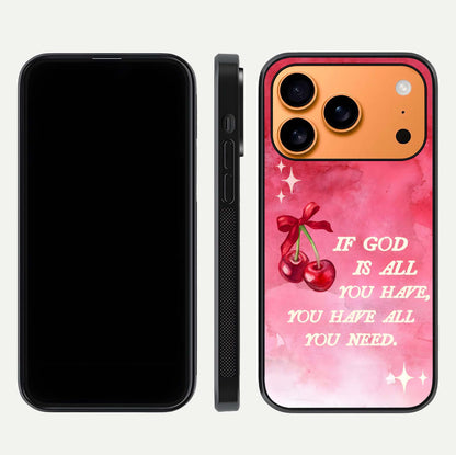 Cherry Quote Glass Case for iPhone 17 Pro Max dual-view layout showing red cherry tones and text balance