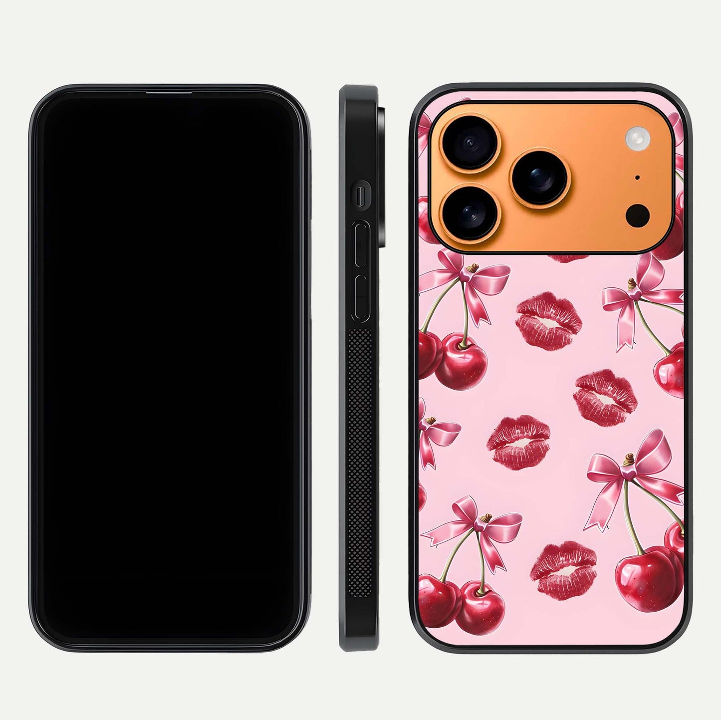 Cherry With Lips Glass Case for iPhone 17 Pro Max front-and-back layout displaying detailed design and glass finish