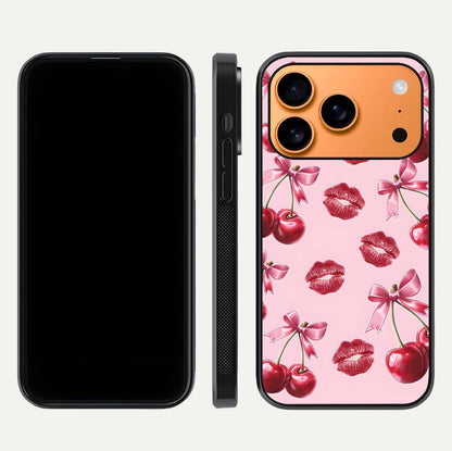 Cherry With Lips Glass Case for iPhone 17 Pro Max front-and-back layout displaying detailed design and glass finish