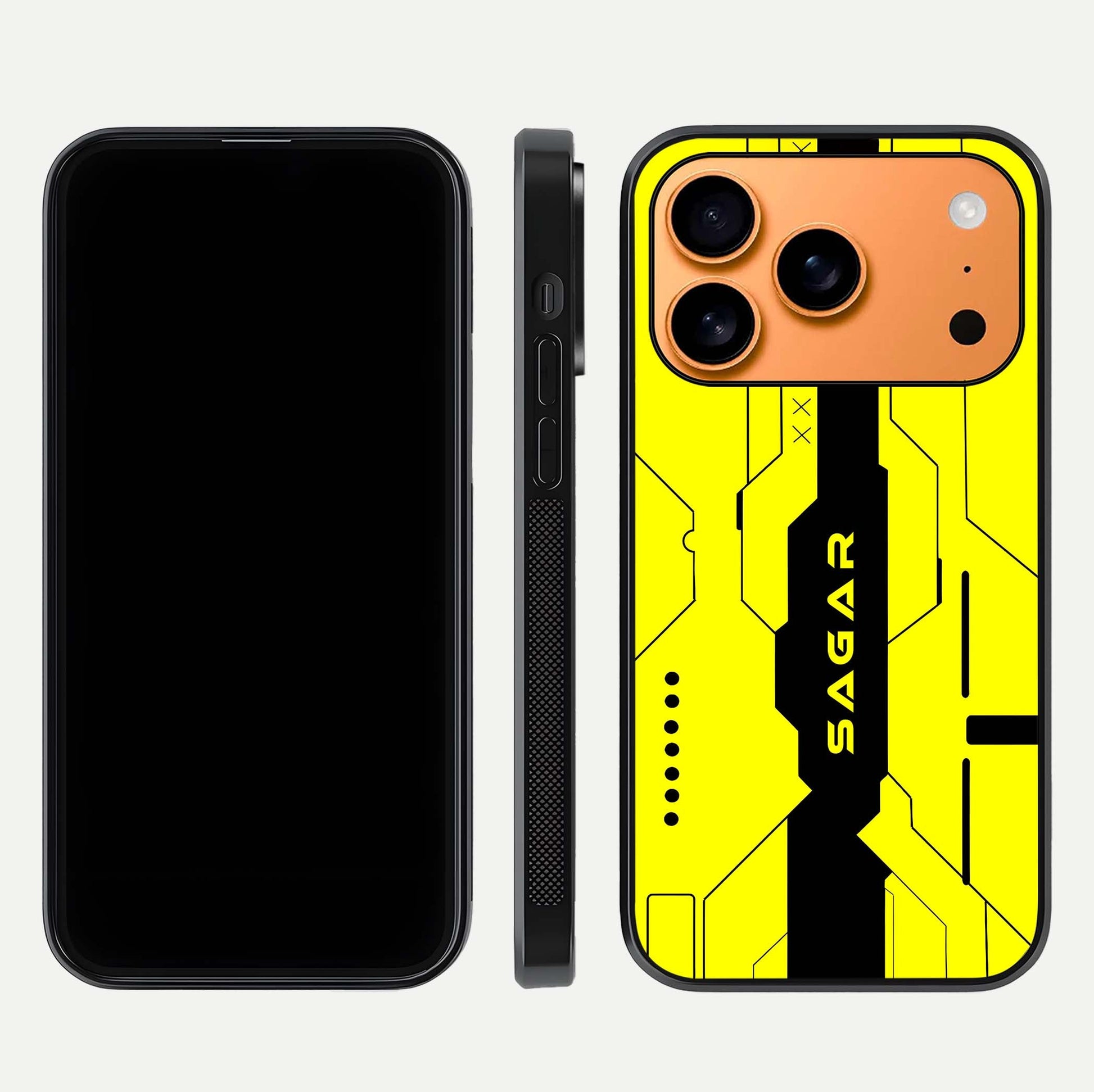 Circuit CYBERPUNK Custom Name Glass Case for iPhone 17 Pro Max dual-view layout showing bold tech art and edge clarity