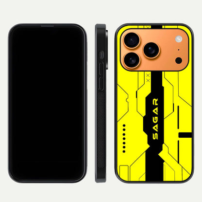 Circuit CYBERPUNK Custom Name Glass Case for iPhone 17 Pro Max dual-view layout showing bold tech art and edge clarity