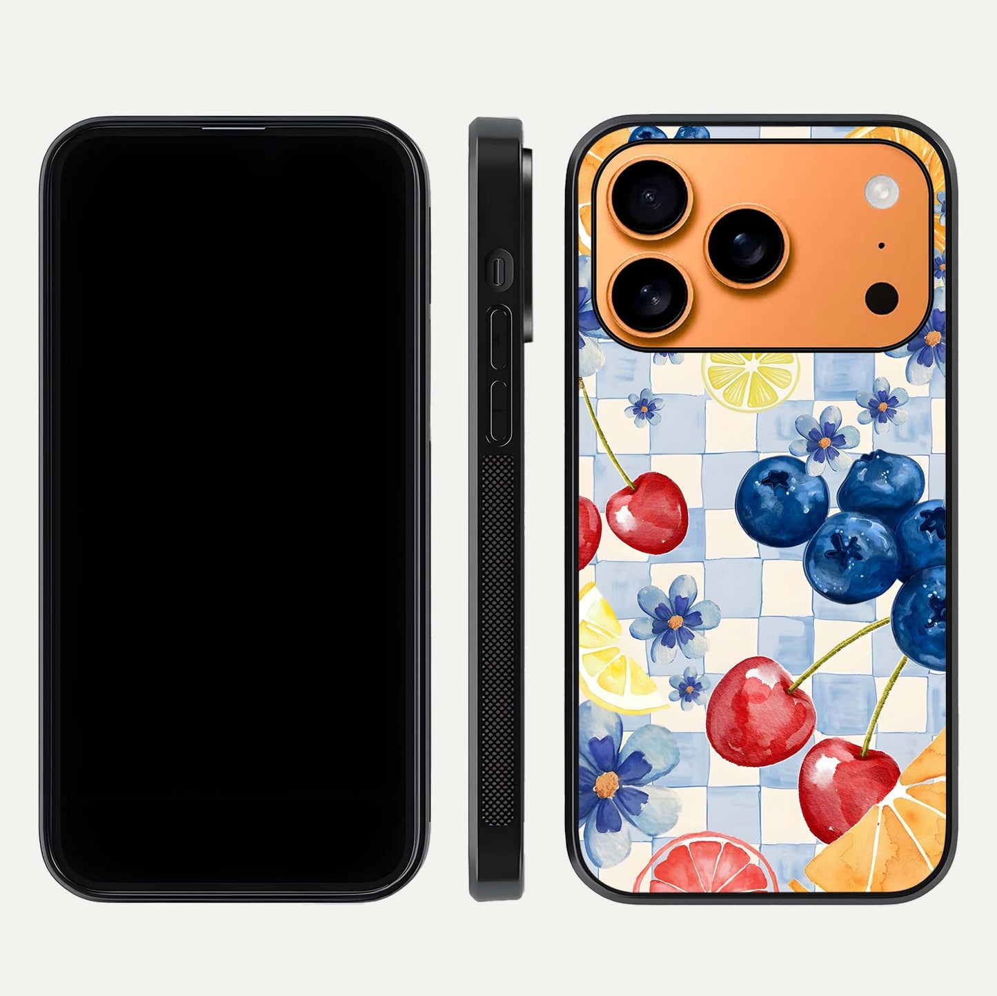 Citrus Bloom Joy Glass Case for iPhone 17 Pro Max dual-view layout displaying colorful print and smooth edges