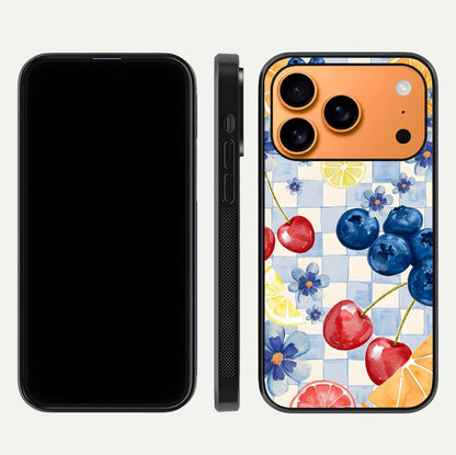 Citrus Bloom Joy Glass Case for iPhone 17 Pro Max dual-view layout displaying colorful print and smooth edges