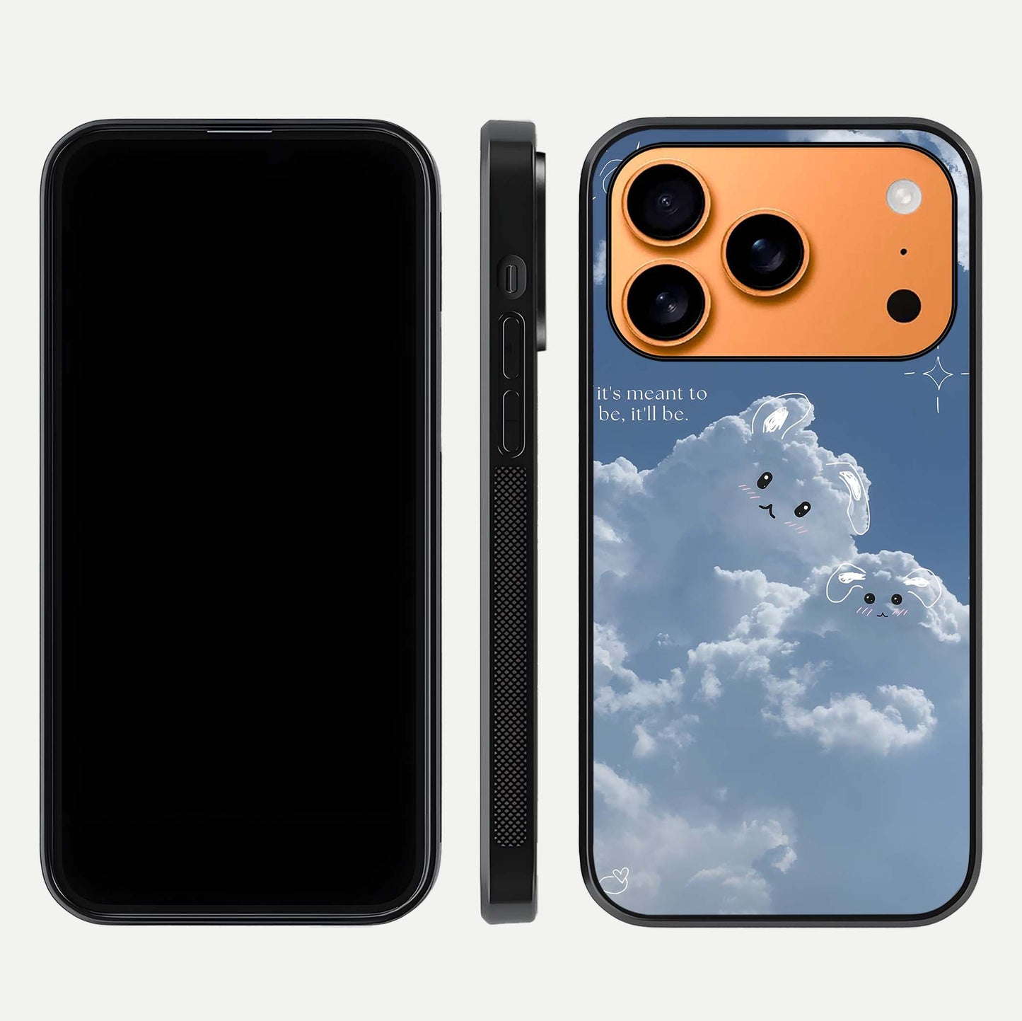 Cloud Bunny Dreams Glass Case for iPhone 17 Pro Max dual-view layout displaying aesthetic tones and smooth polish