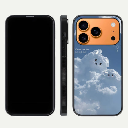 Cloud Bunny Dreams Glass Case for iPhone 17 Pro Max dual-view layout displaying aesthetic tones and smooth polish