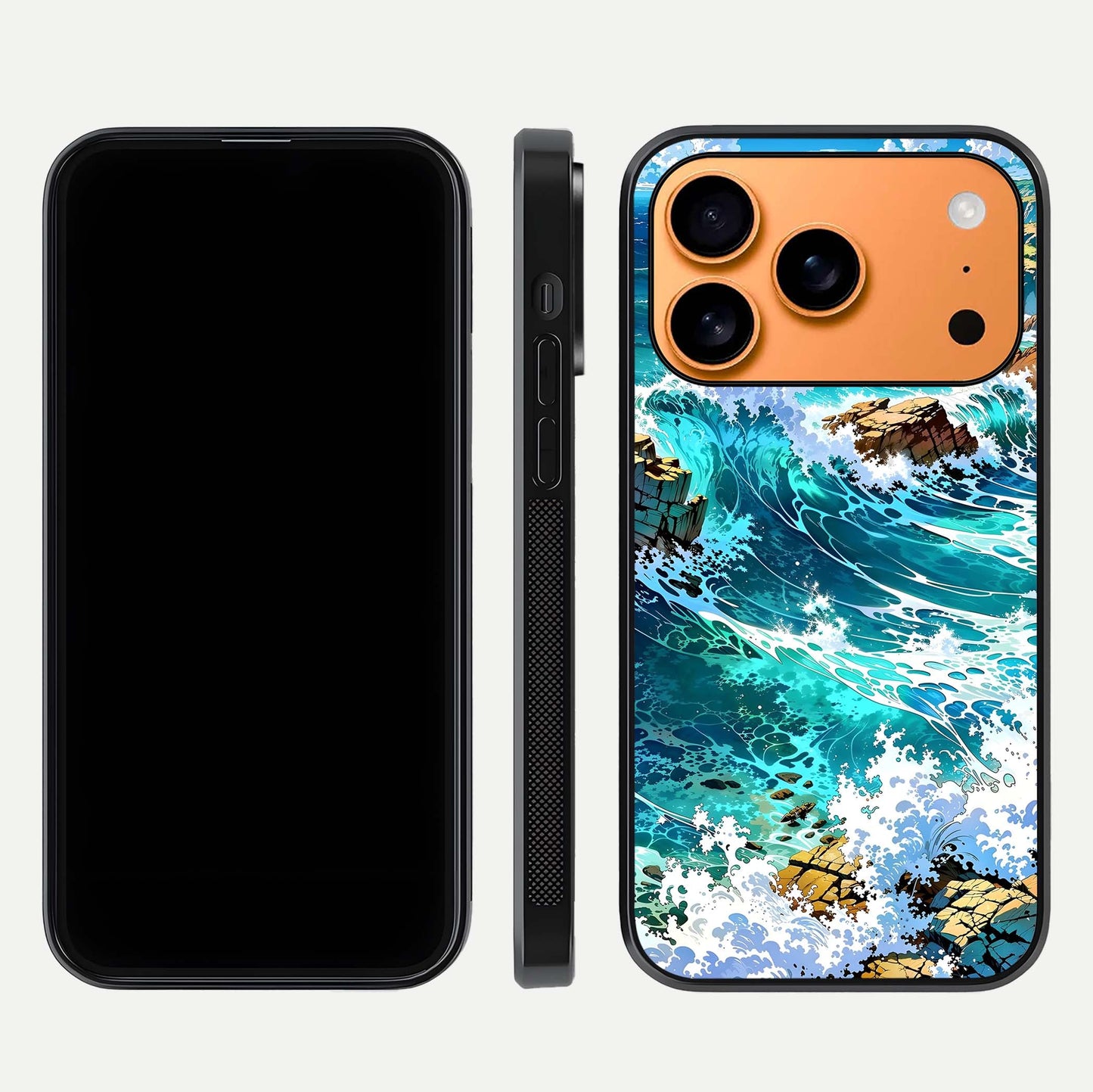 Coastal Blue Waves Glass Case for iPhone 17 Pro Max dual-view layout displaying sea tones and curved finish