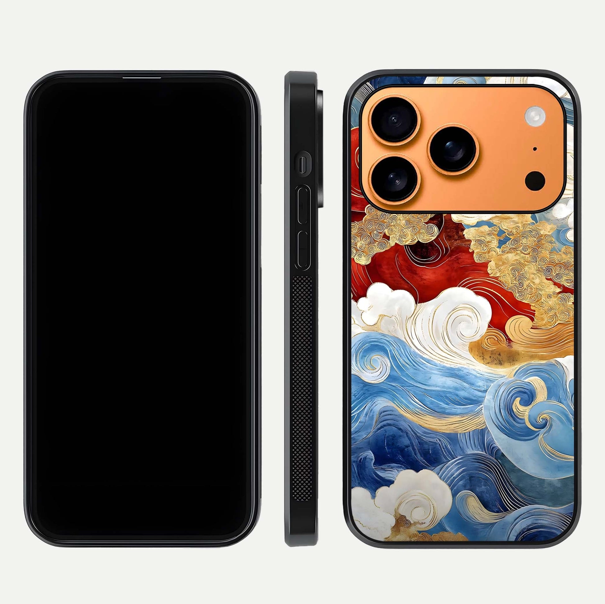 Colored Waves Glass Case for iPhone 17 Pro Max front & back layout showing smooth edges and vivid print tones