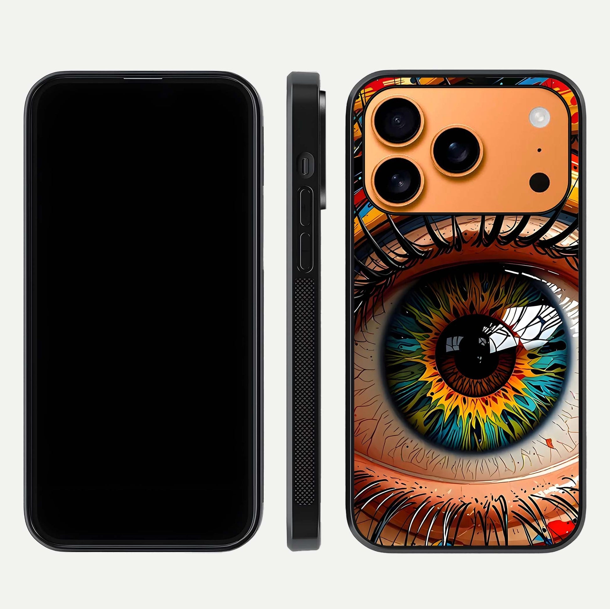 Colorful Eye Glass Case for iPhone 17 Pro Max dual-view layout displaying vivid tones and smooth glass edges