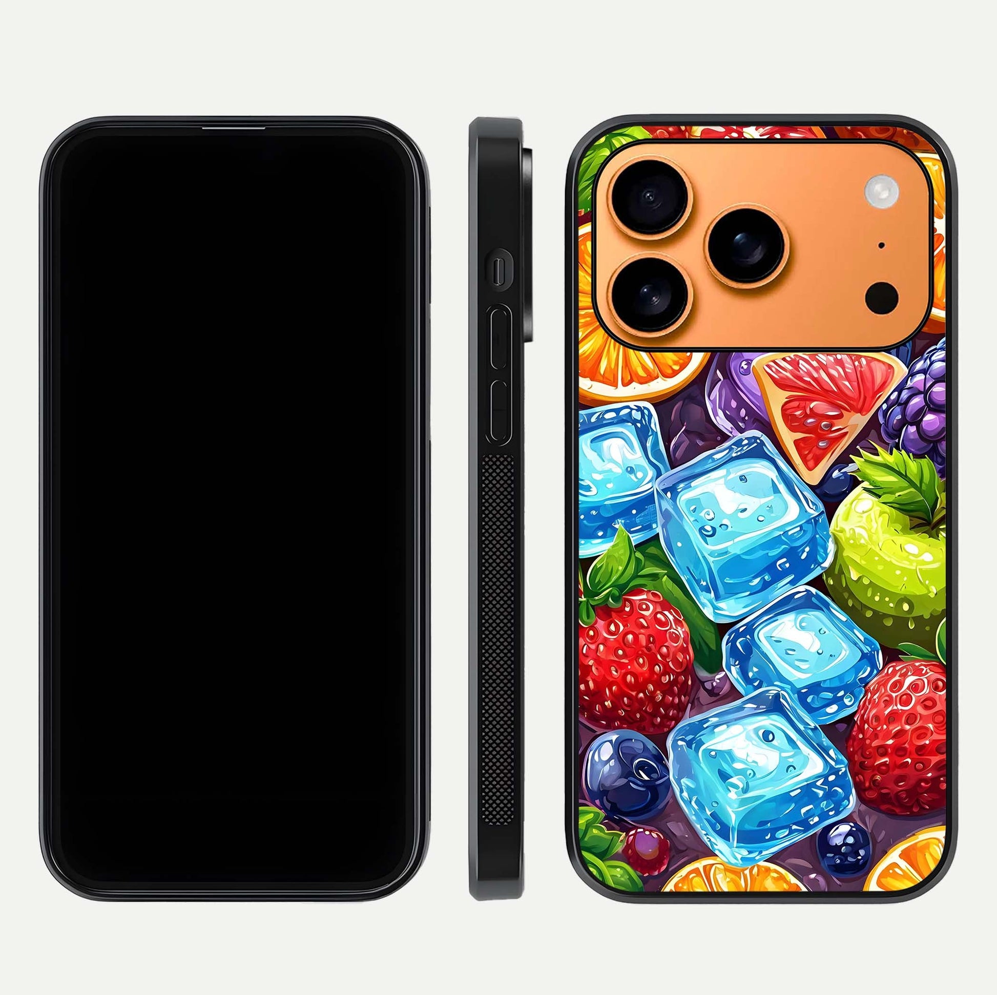 Colorful Fruits with Ice Glass Case for iPhone 17 Pro Max dual-view layout showing fresh tones and polished edges