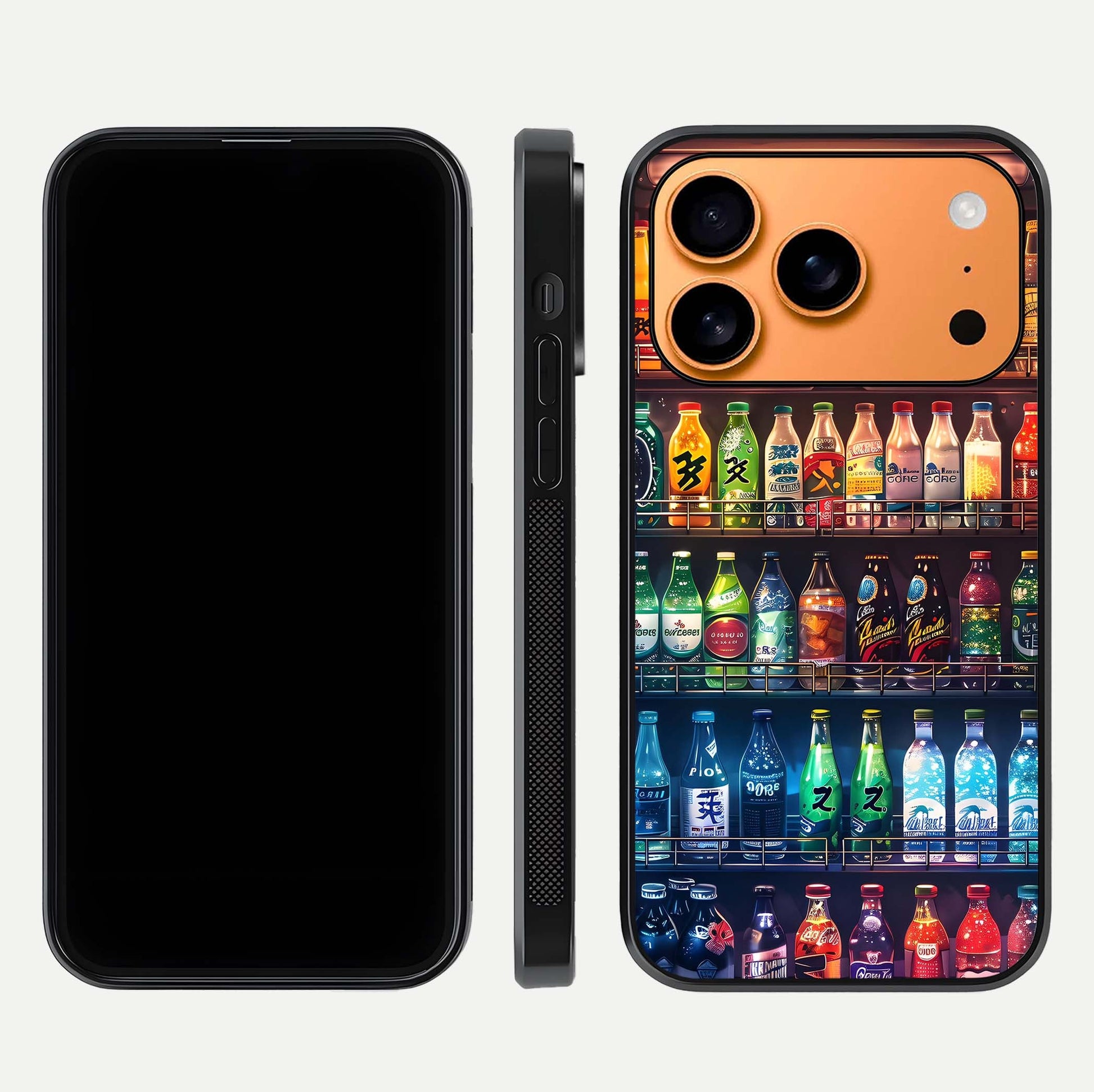 Colorful Soda Bottles Glass Case for iPhone 17 Pro Max dual-view layout displaying playful tones and gloss clarity