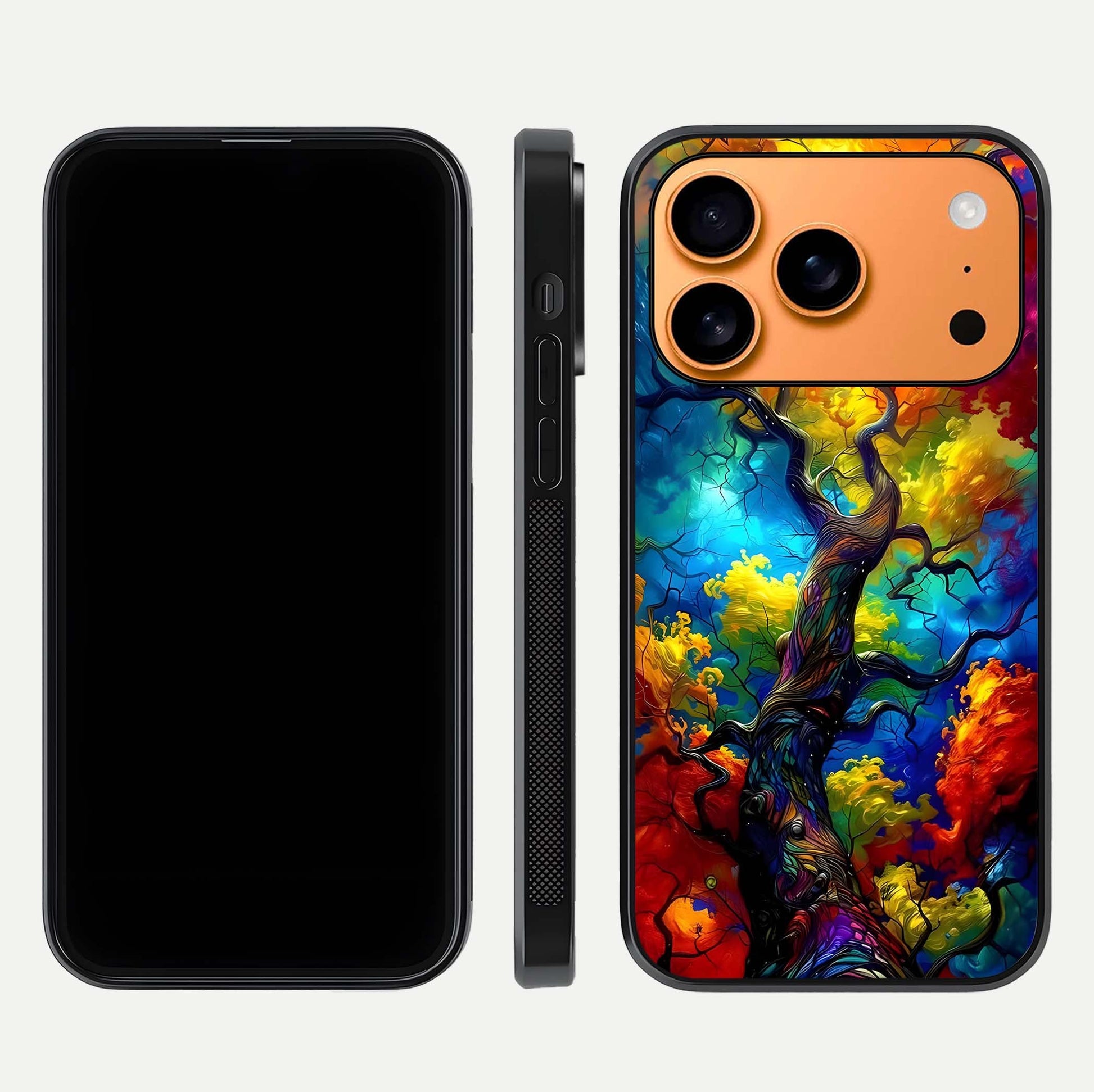 Colorful Tree Glass Case for iPhone 17 Pro Max dual-view layout displaying balanced tones and smooth edges