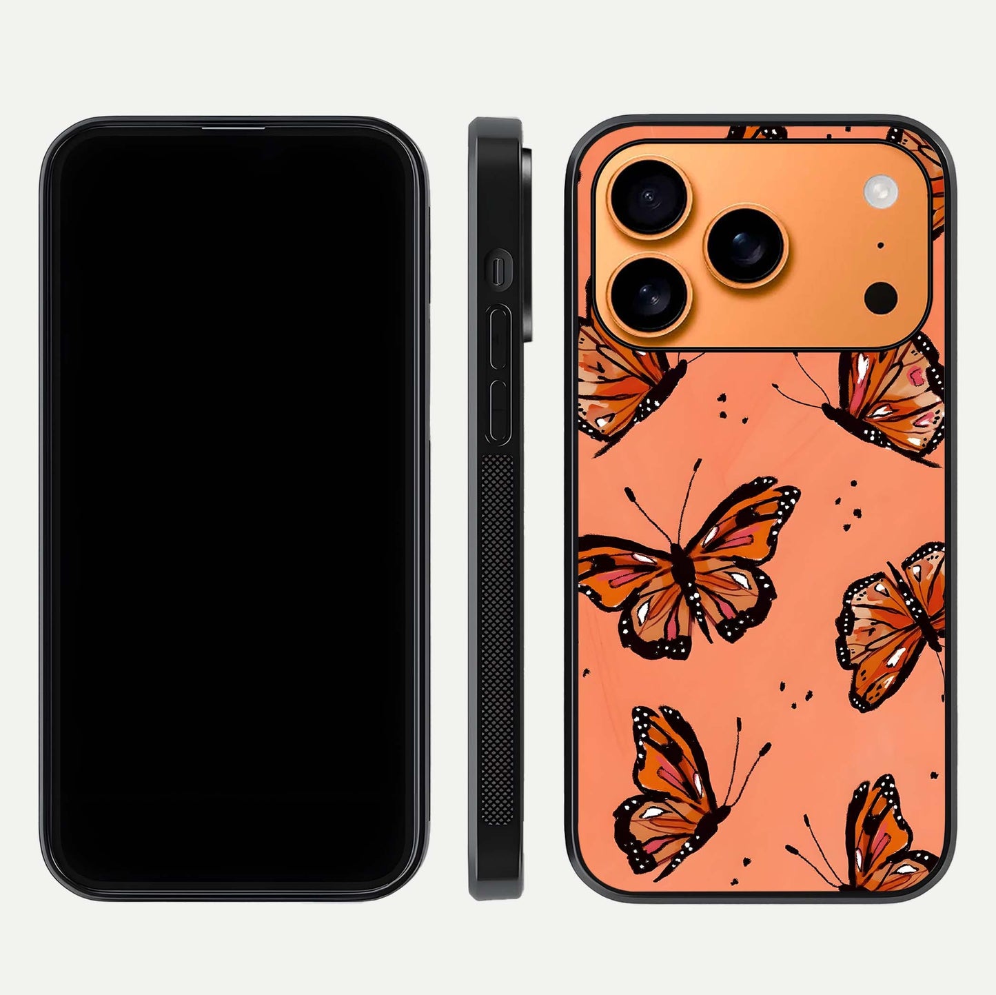 Coral Wing Butterfly Glass Case for iPhone 17 Pro Max dual-view layout displaying soft floral tones and curved edges