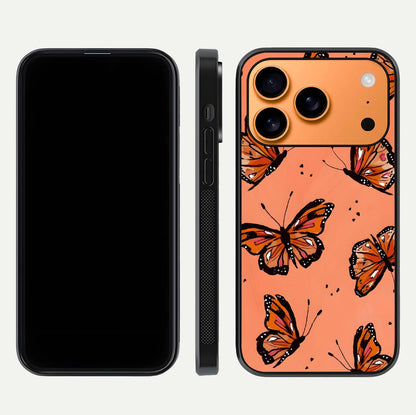 Coral Wing Butterfly Glass Case for iPhone 17 Pro Max dual-view layout displaying soft floral tones and curved edges