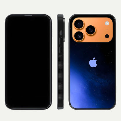 Cosmic Blue Apple Glass Case for iPhone 17 Pro Max dual-view layout displaying cosmic tones and glass edges
