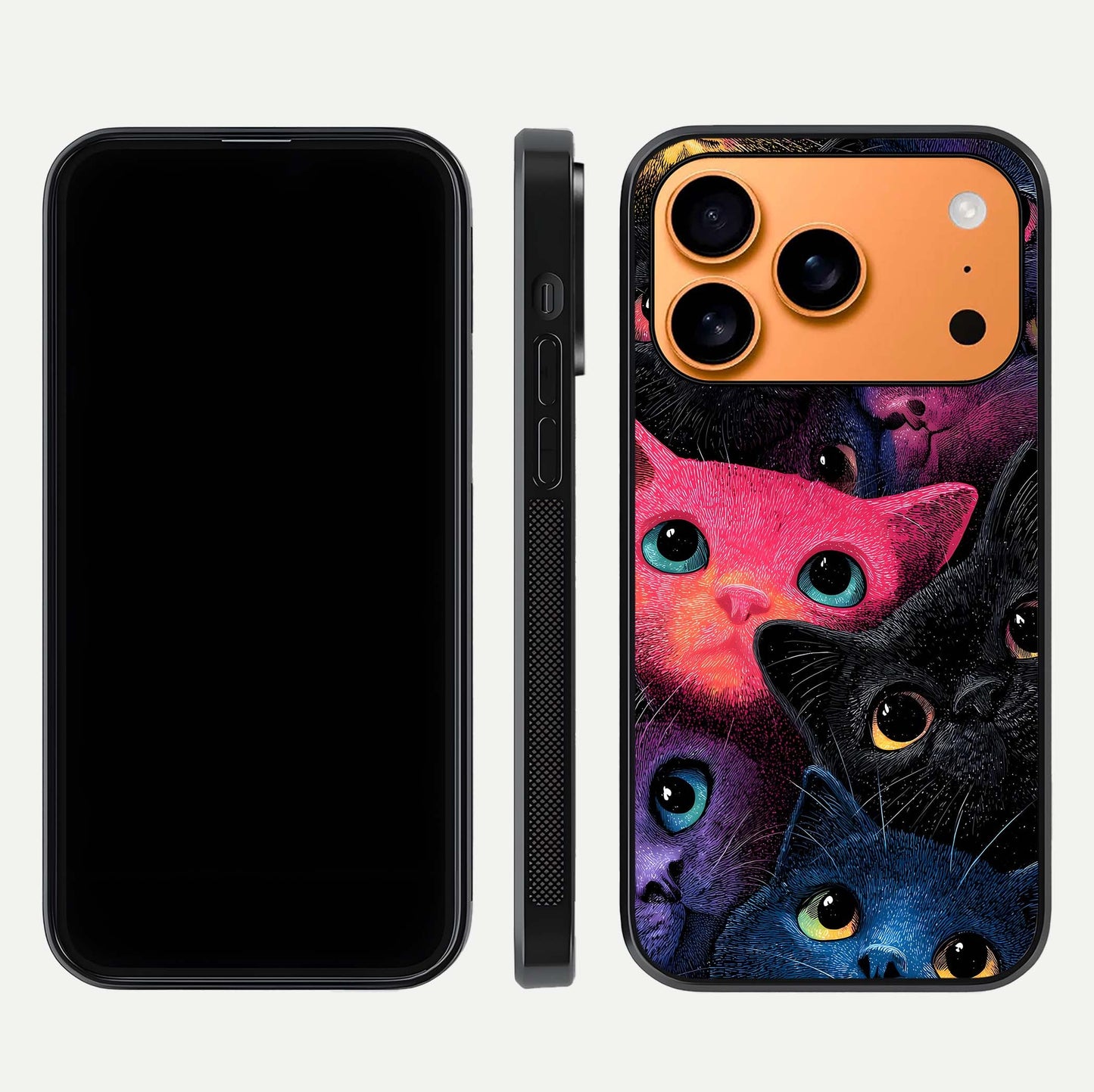 Cosmic Cats Dreams Glass Case for iPhone 17 Pro Max dual-view layout displaying HD print and glossy shine