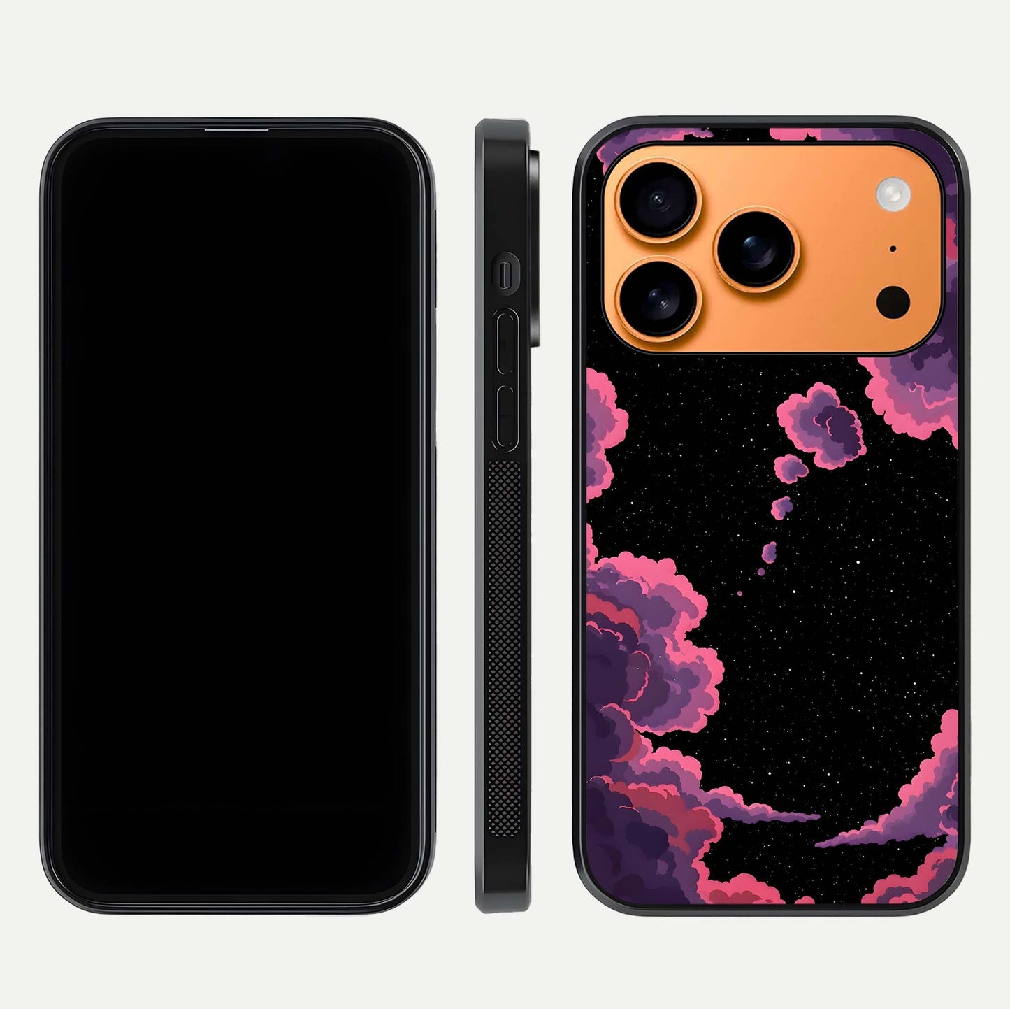 Cosmic Cloud Journey Glass Case for iPhone 17 Pro Max dual-view layout displaying celestial tones and edge clarity