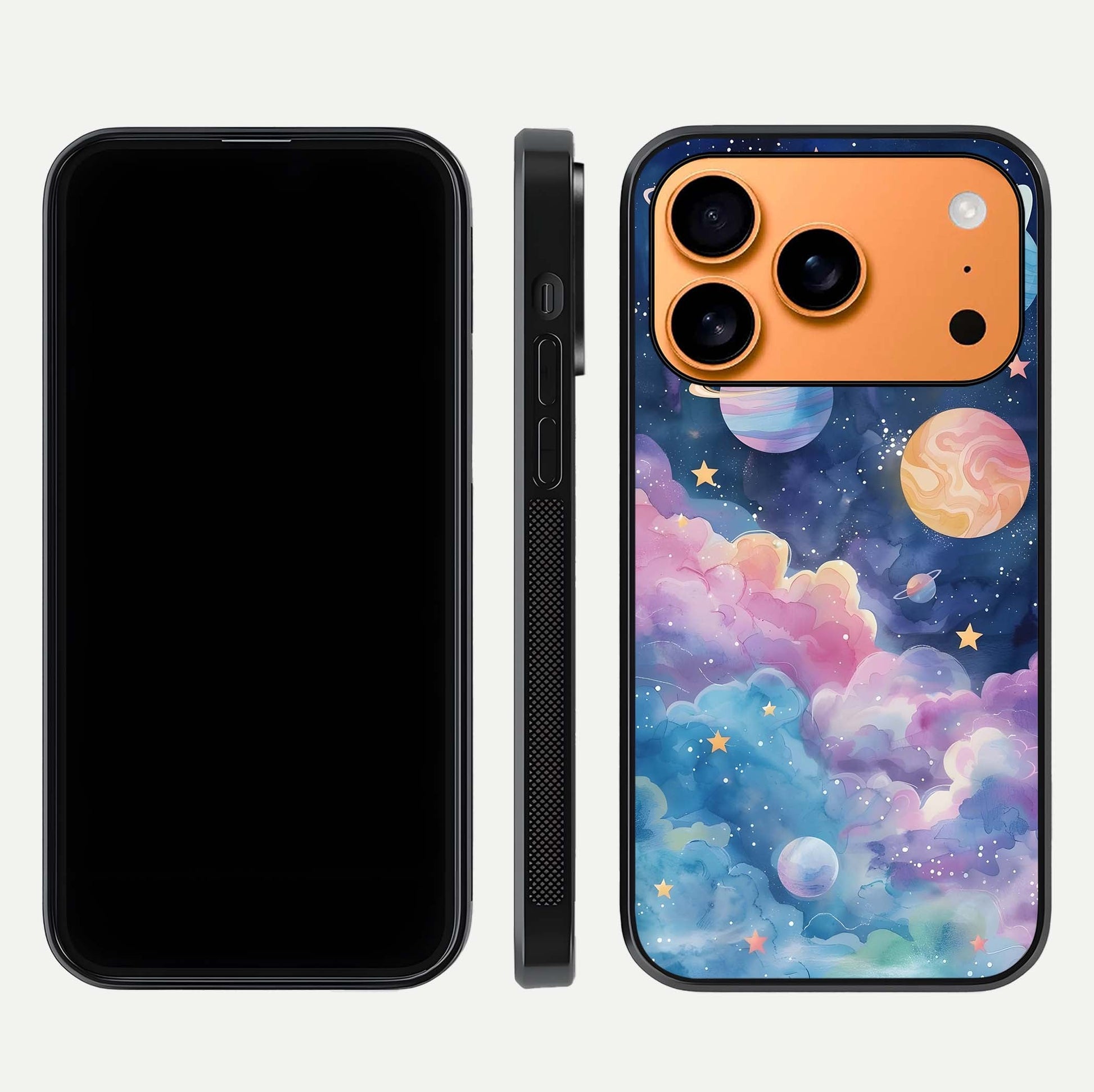 Cosmic Planet Dreams Glass Case for iPhone 17 Pro Max dual-view layout displaying galaxy colors and curved finish
