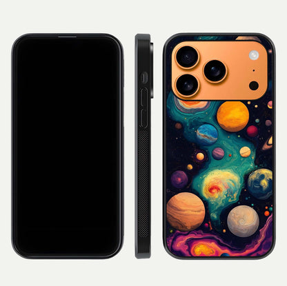 Cosmic Planet Journey Glass Case for iPhone 17 Pro Max dual-view layout displaying colorful cosmic balance