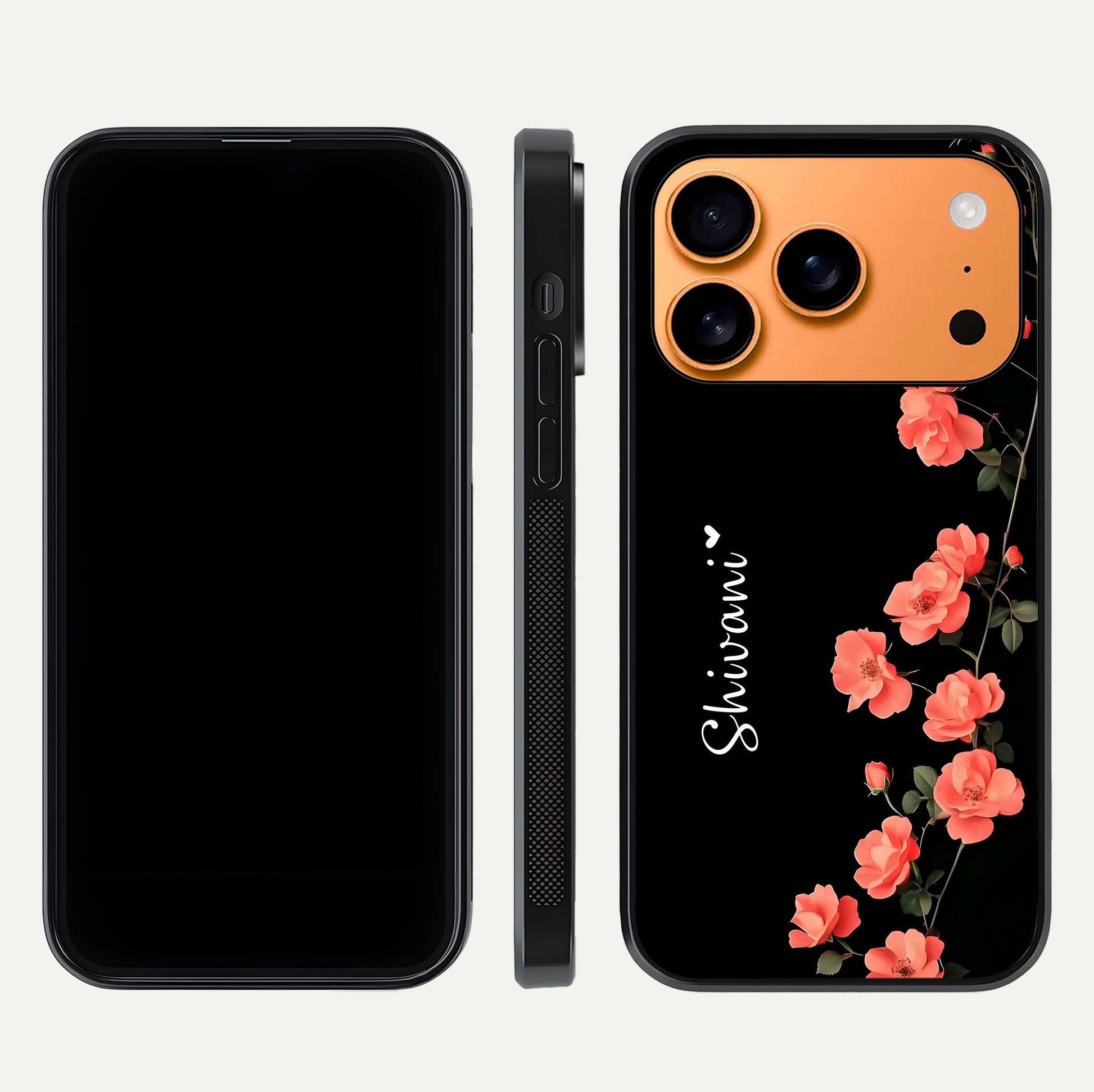 Crimson Bloom Grace Custom Name Glass Case for iPhone 17 Pro Max dual-view layout displaying custom text and smooth curved edges