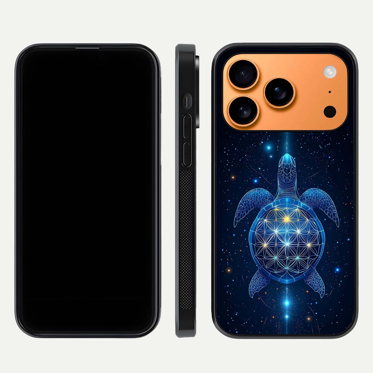 Crimson Blue Turtle Glass Case for iPhone 17 Pro Max dual-view layout displaying ocean tones and HD finish
