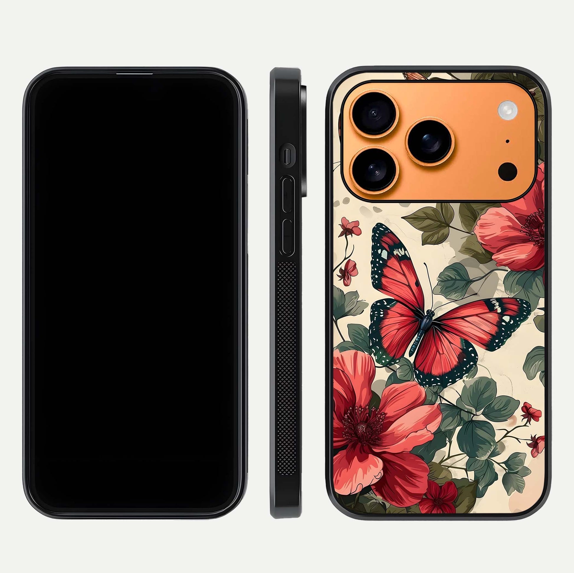 Crimson Butterfly Garden Glass Case for iPhone 17 Pro Max dual-view layout displaying floral patterns and edge finish