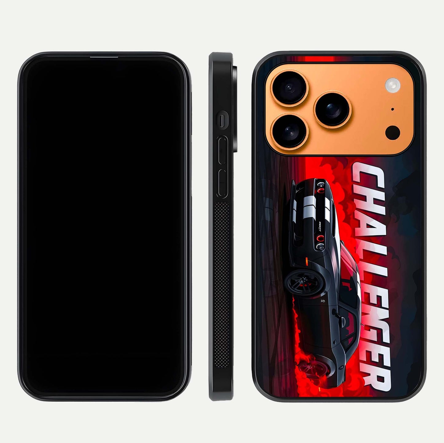 Crimson Challenger Fury Glass Case for iPhone 17 Pro Max dual-view layout displaying bold tones and edge polish