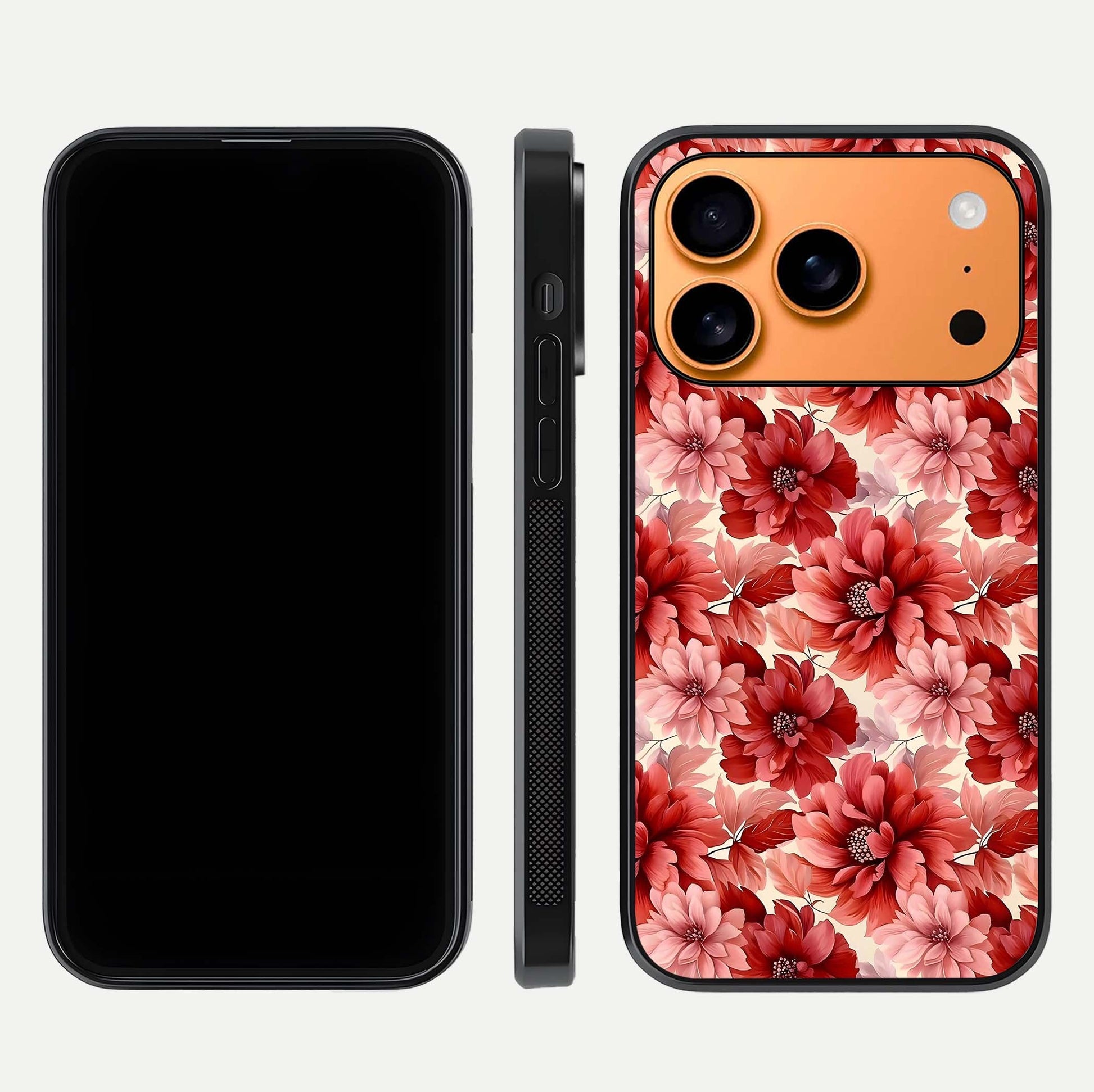 Crimson Love Petals Glass Case for iPhone 17 Pro Max dual-view layout displaying floral charm and curved glass