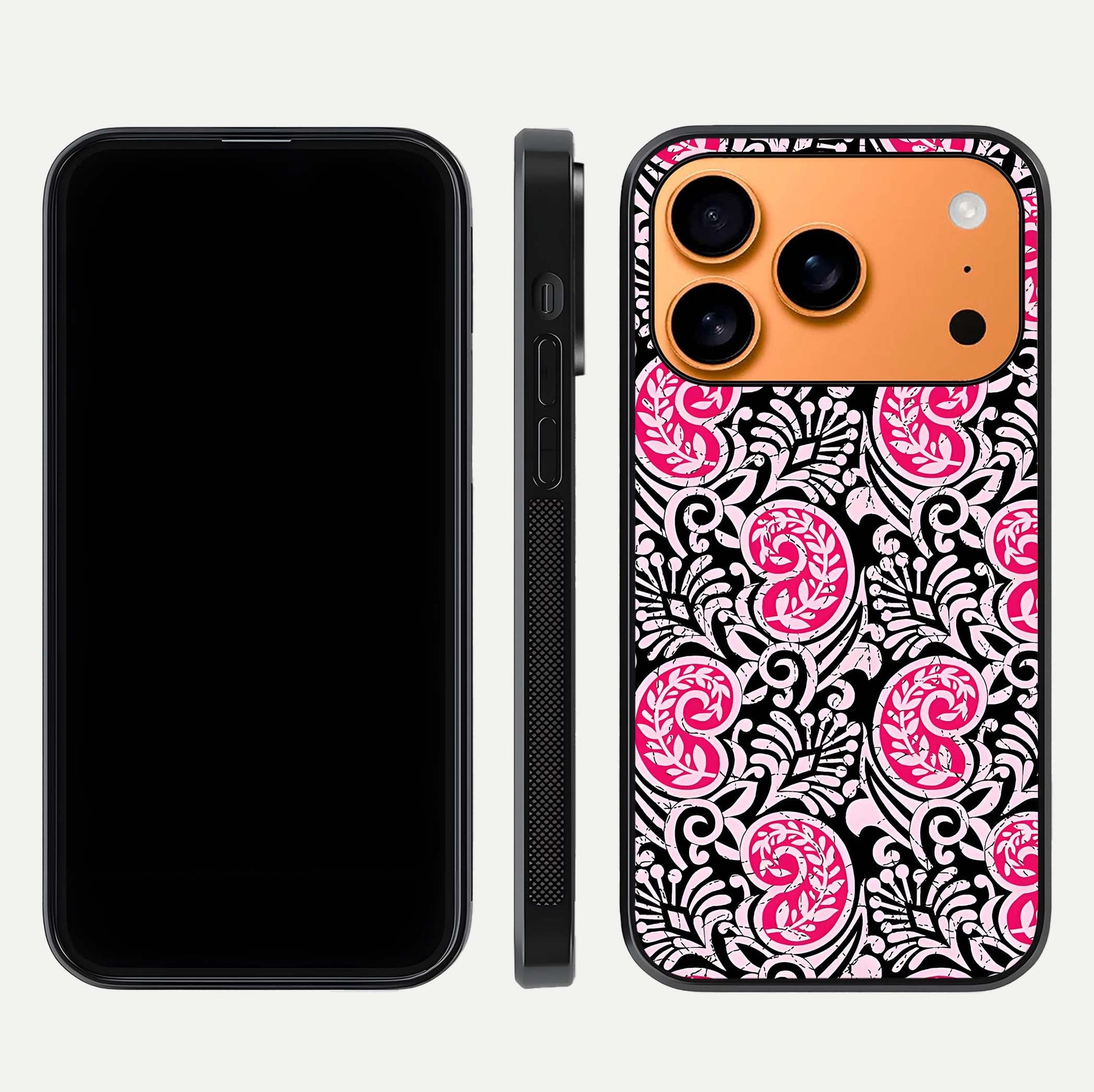 Crimson Paisley Charm Glass Case for iPhone 17 Pro Max dual-view layout displaying HD print and curved polish