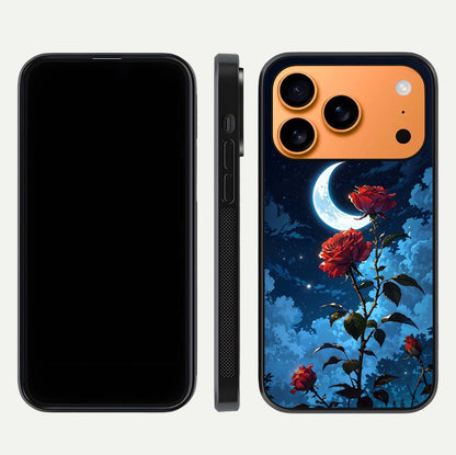 Crimson Rose Moon Glass Case for iPhone 17 Pro Max dual-view layout displaying red tones and soft gloss