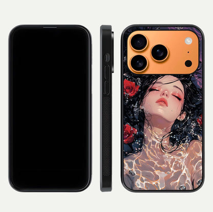 Crimson Rose Serenity Glass Case for iPhone 17 Pro Max dual-view layout displaying serenity tones and curved glass
