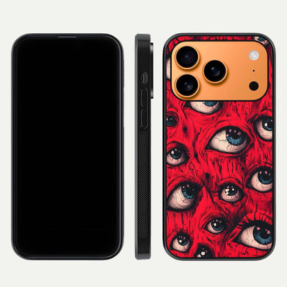 Crimson Watch Eyes Glass Case for iPhone 17 Pro Max dual-view layout displaying abstract tones and curved edges