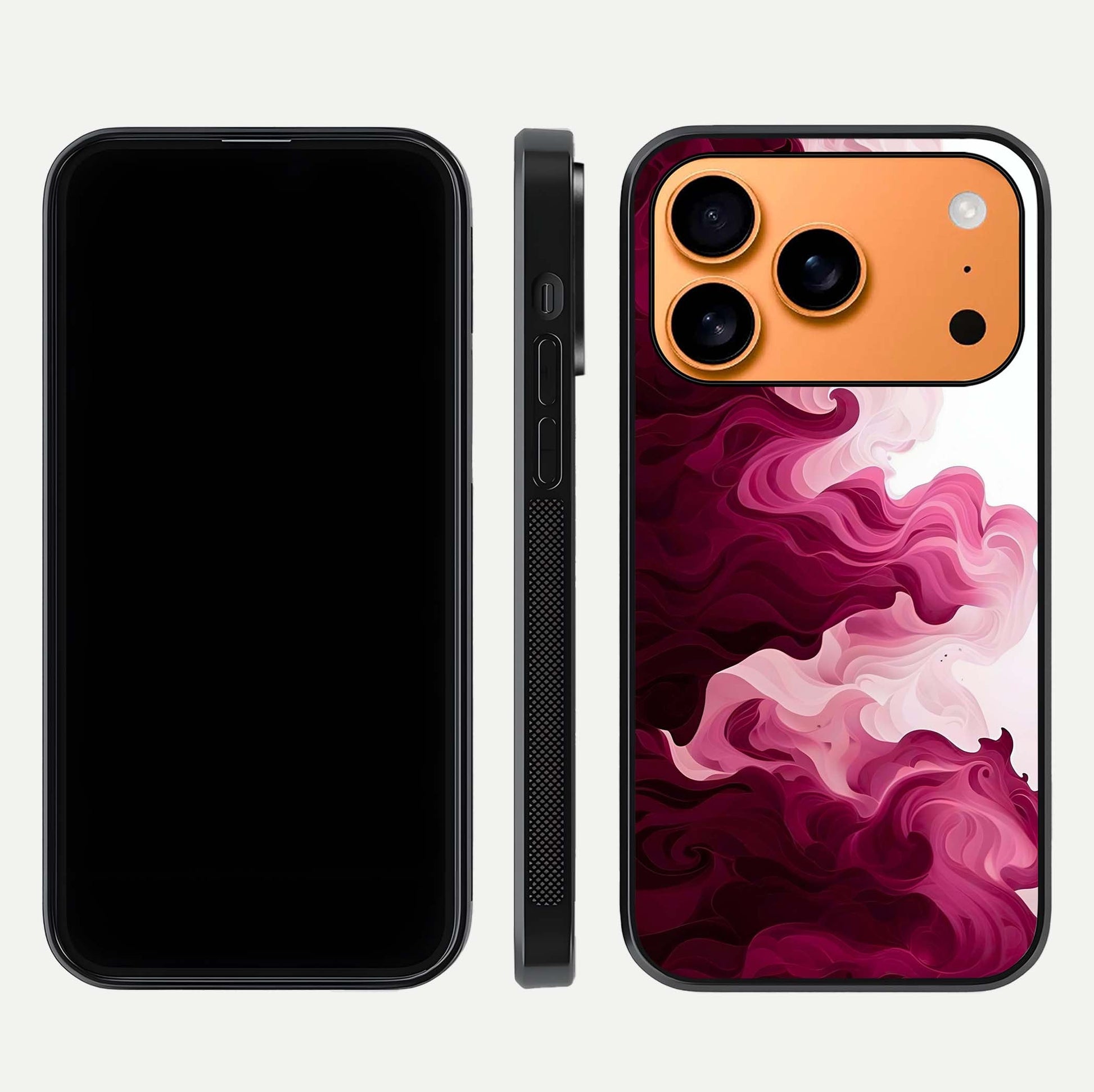 Crimson Wave Flow Glass Case for iPhone 17 Pro Max dual-view layout displaying curved wave art and polished surface